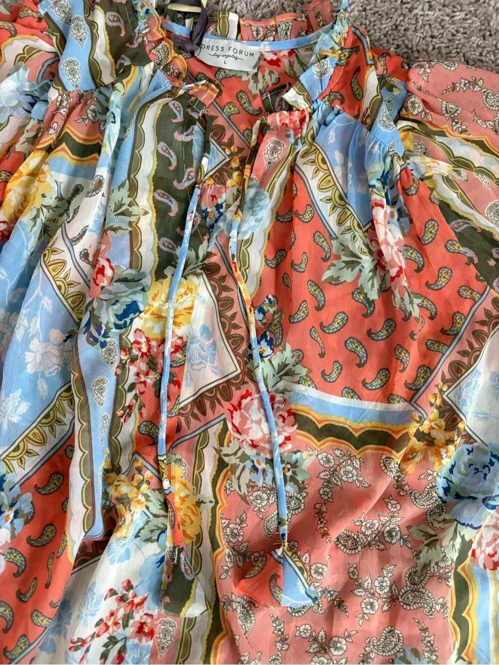 Dress Forum Coral and Light Blue Paisley Ruffle Blouse - Picture 7 of 7